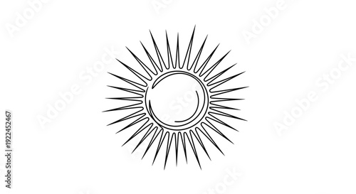 A minimalist line art illustration of a radiant sun with sharp, pointed rays emanating outwards from a circular core.