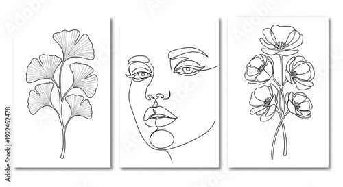 Bild auf Leinwand Set of three minimalist line art prints featuring a ginkgo branch, a woman's face, and a poppy flower arrangement
