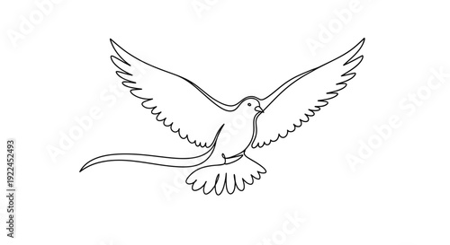 A simple line drawing of a dove in flight with its wings spread wide.