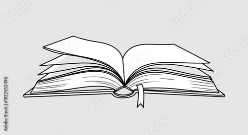 An open book with a bookmark, depicted in a simple black and white line drawing style against a plain gray background.