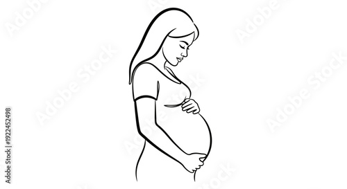 A simple line drawing of a pregnant woman holding her belly with both hands, looking down with a gentle expression.