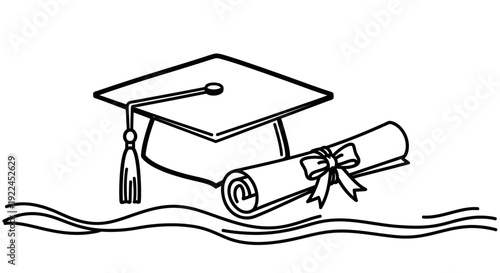 A graduation cap and diploma are depicted on a wavy line, symbolizing academic achievement.