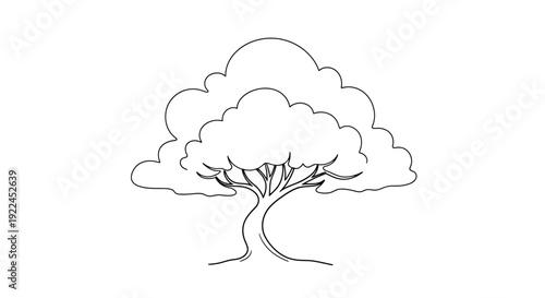 A simple black and white line drawing of a deciduous tree with a thick trunk and a full, rounded canopy of leaves.