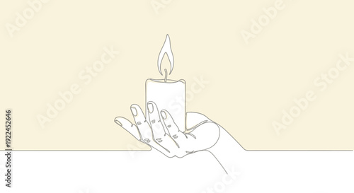 A single continuous line drawing of a hand holding a lit candle with a gentle flame.