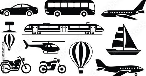 Silhouette illustration of diverse transportation icons including car, bus, train, airplanes, sailboat, helicopter, hot air balloons, motorcycles, and drone for travel and mobility themes