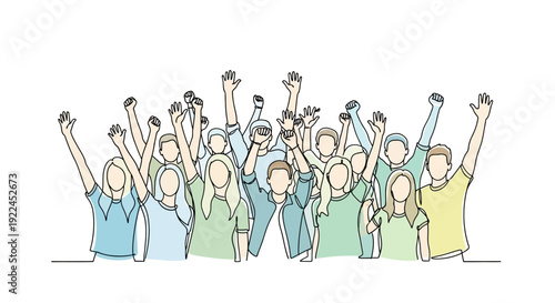 A diverse group of people with their arms raised in celebration and excitement.