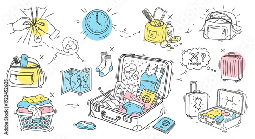 Suitcase Packed with Travel Essentials and Clothing.