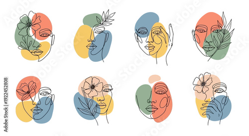 Abstract line art portraits of women with floral elements and colorful organic shapes.