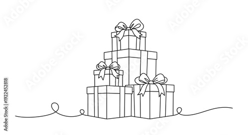 A stack of beautifully wrapped gift boxes tied with bows, presented in a minimalist line art style.
