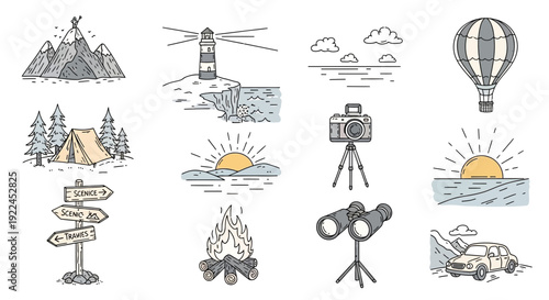 Collection of Hand Drawn Travel Icons.