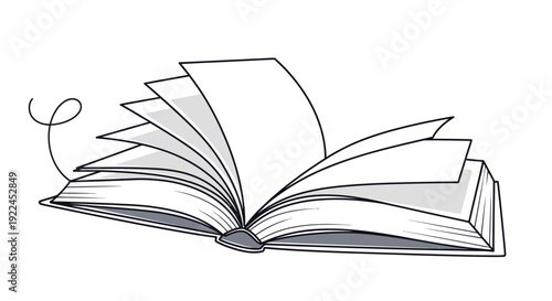 An open book with pages fluttering as if caught by a gentle breeze, depicted in a simple black and white line drawing style.
