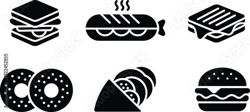 Silhouette illustration of fast food icons including sandwich, hot dog, grilled cheese, donuts, taco, and hamburger for culinary, menu, and food design themes