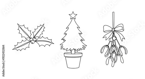 A black and white line drawing of three classic Christmas symbols: a sprig of holly, a potted Christmas tree, and a bunch of mistletoe tied with a bow.