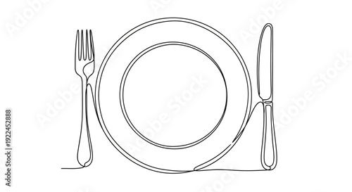 A minimalist, continuous line drawing of a dinner plate with a fork and knife.