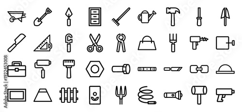 Construction and gardening hardware tools featuring monoline aesthetic for diy home improvement and professional landscaping maintenance projects.