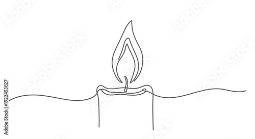 Continuous line art drawing of a burning candle with a flickering flame.