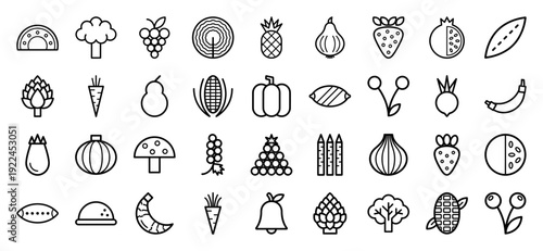 Fresh organic produce and healthy eating monoline icons. Minimalist black line art featuring fruits, vegetables, and botanical elements for nutritional guides.