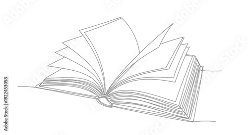 A minimalist line drawing of an open book with pages fluttering in the wind, suggesting movement and imagination.