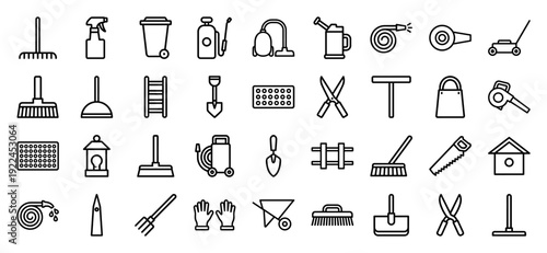 Maintenance and landscaping equipment collection featuring technical monoline silhouettes. Professional garden care and home cleaning tools for facility management infographics.