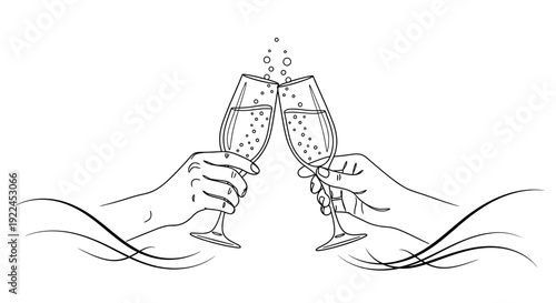 Line art illustration of two hands toasting with champagne flutes, celebrating an event.