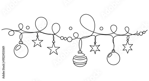 Continuous line art drawing of a festive Christmas garland with hanging baubles and stars, perfect for holiday decoration.