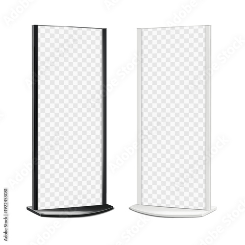 Floor advertising poster display lightbox backlit banner stand. Realistic 3d vector mockup. Blank video TV digital LCD monitor screen. Black, white. Easy editable mock-up. Template for design