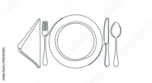A simple, elegant line drawing of a formal dinner table setting.