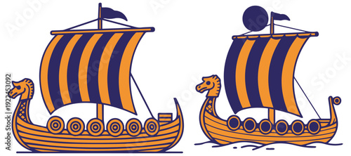 Orange and blue viking ships with striped sails vector design eps 10