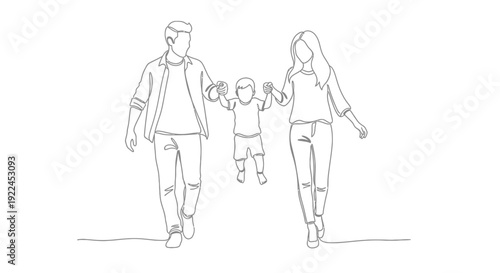 Continuous line drawing of a happy family walking together, parents holding their child's hands, minimalist art style.