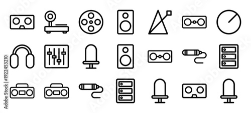 Audio production and sound engineering monoline pictograms featuring studio hardware, recording equipment, and professional broadcast media tools.