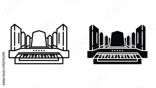 Piano keyboard with city skyline