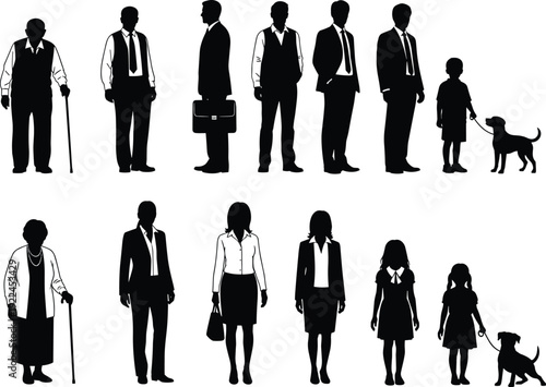 Human life stages silhouette collection showing men women children elderly people and family progression isolated on white background for sociology education and infographic design