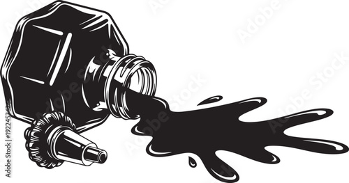 Ink Bottle Pouring Dark Liquid with Gear and Splash