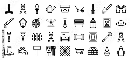 Horticulture and professional landscaping equipment collection. Monoline black outline icons featuring gardening tools, plant care essentials, and backyard maintenance utility.