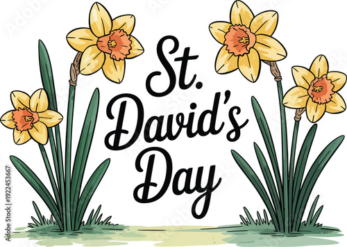 St Davids Day Greeting with Daffodils and Grass flowers
