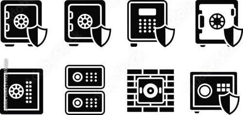 Silhouette illustration of safe and vault icons featuring combination dials, keypad entries, and shield symbols for security, finance, and protection design themes