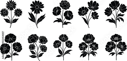 Set of ten elegant black flower silhouettes with delicate petals and leaves, perfect for botanical branding, floral wedding invitations, and spring garden designs.