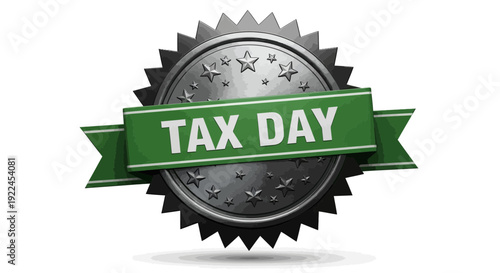 A silver seal with a green ribbon reading tax day.