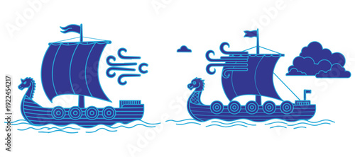 Two blue viking longships sailing with wind and dark clouds eps 10