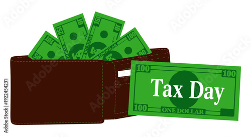 Wallet full of money and a tax day label on tax day deadline.