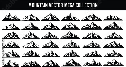 Mega collection of mountain vector silhouettes featuring rocky peaks, snow capped ridges, highland ranges, and outdoor wilderness climbing adventure icons.