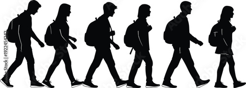 Side View Silhouette of Diverse Group of Students with Backpacks Walking in a Line Isolated on White Background for Education Concept