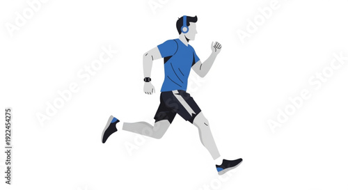 Man wearing blue shirt and black shorts running with headphones on fitness and exercise concept with white background