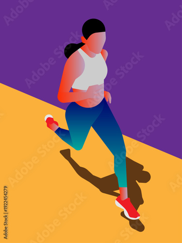 Dynamic isometric vector illustration of a woman running on a vibrant yellow track against a purple background, symbolizing speed, fitness, and modern athletic lifestyle.