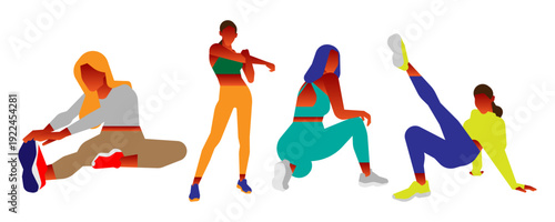 Set of flat vector illustrations of diverse women in colorful sportswear performing various yoga stretches and fitness warm-ups on a white background.