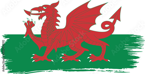 Red Dragon on Green and White Brush Strokes Keywords: dragon, red dragon, wales, welsh, flag