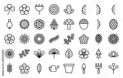 Botanical line art icons for gardening apps and floral branding. Minimalist monoline plant symbols featuring leaves, flowers, and organic garden tools.