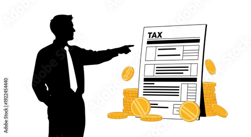 Man explaining tax documents and currency to someone or something.