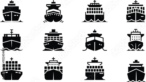 Silhouette illustration of ship icons viewed from the front including cargo ships, cruise liners, and ferries with decks, containers, and waves for maritime design themes
