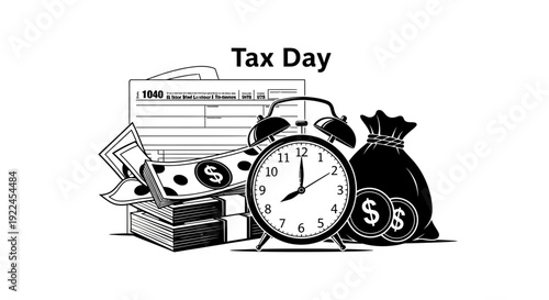 Tax day illustration with clock and financial documents.